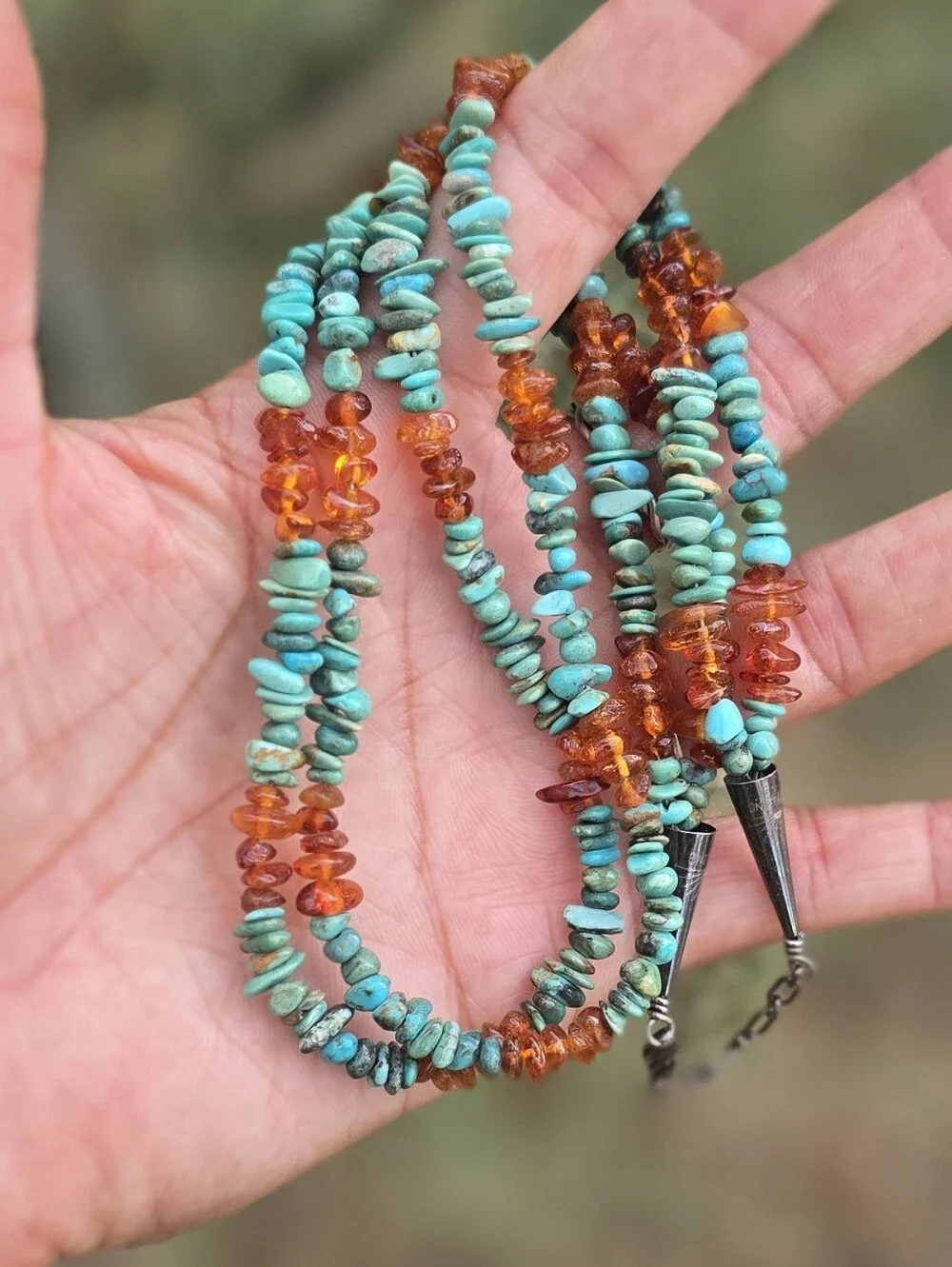 Southwestern double strand turquoise and amber 925 sterling silver necklace